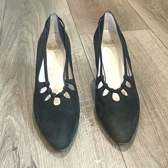 Delman Vintage 1940s Black‎ Suede Pumps Women's Slip-On Heels, Size 8N - Picture 2 of 12